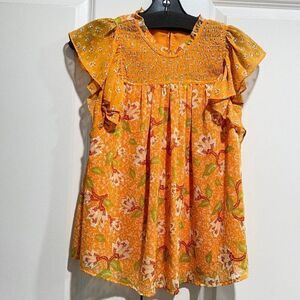 NWT Anthropologie XS  Maison d’Amelie Paris Floral Flutter Sleeve Top $98 Orange
